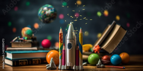 Imaginative Learning: Books and Rocket on Child's Desk Ready for School Adventure - AI generated