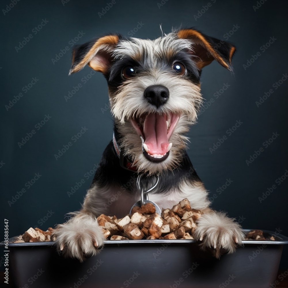 A happy small terrier mix licking its lips as it savors a mouthful of wet food - obrazy, fototapety, plakaty 