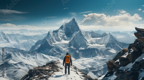 A majestic mountain range reaching up to the skies, snow - capped peaks and icy glaciers, a lone mountaineer ascending towards the summit