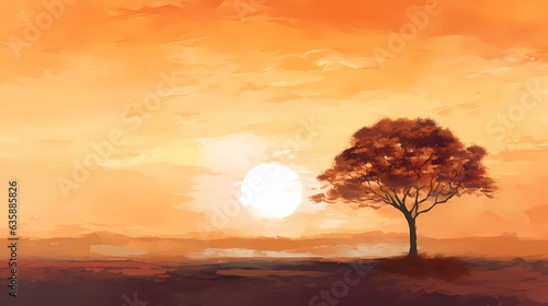 Autumn landscape with grassland, orange view of sunset.Concept Art Scenery. Book Illustration. Video Game Scene. Serious Digital Painting. CG Artwork Background. Generative AI  © info@nextmars.com
