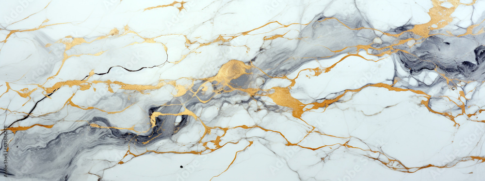 white marble wall with gray and gold veins close-up. Generative Ai. 
