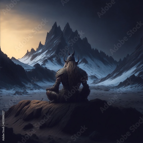 Viking warrior meditating between desert and northern landscape. Generative AI