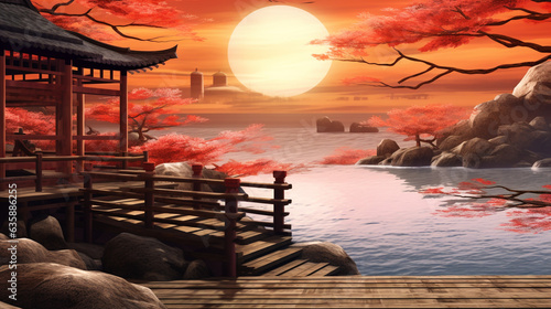 beautiful japanese landscape at sunset. Generative Ai. 