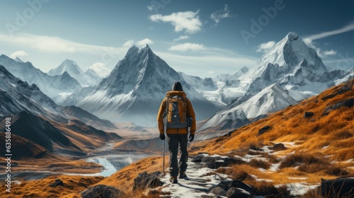 A majestic mountain range reaching up to the skies, snow - capped peaks and icy glaciers, a lone mountaineer ascending towards the summit photo
