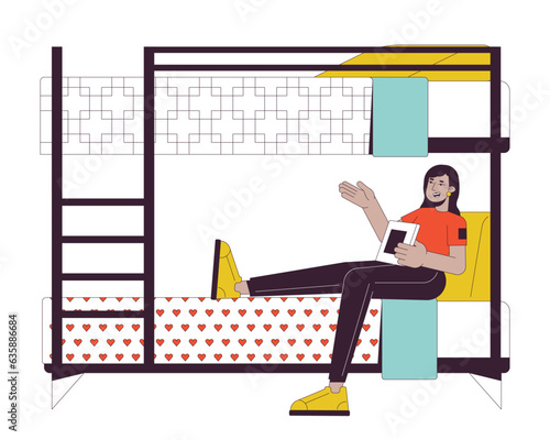 Indian woman with book sitting on bunkbed flat line color vector character. Editable outline full body person on white. Student girl in dorm simple cartoon spot illustration for web graphic design