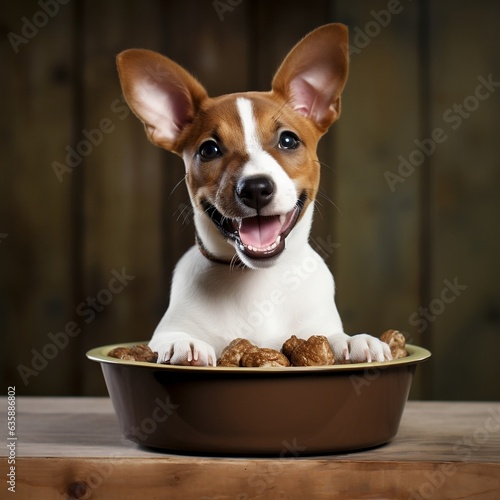 A happy Basenji puppy eagerly eating its kibble from a bowl