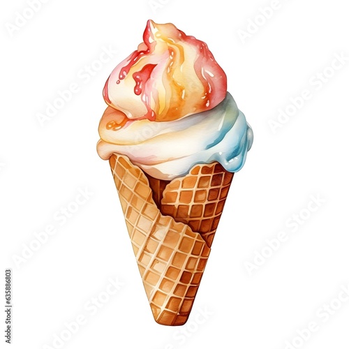Ice cream with cone isolated on white background i watercolor style