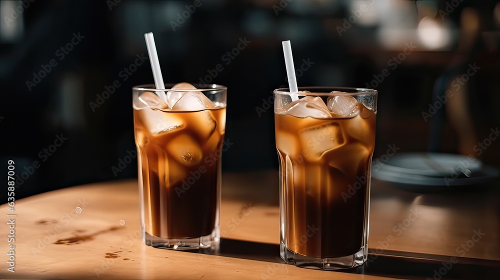 Iced Coffee in Tall Glass on Dark wood background. Concept Refreshing Summer Drink. generative ai Iced Coffee in Tall Glass on Dark wood background. Concept Refreshing Summer Drink. generative ai