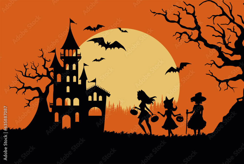 Halloween background with castle, witch and bats. Vector illustration.