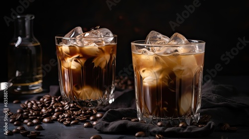 Iced Coffee with milk in Tall Glass on Dark wood background. Concept Refreshing Summer Drink. generative ai