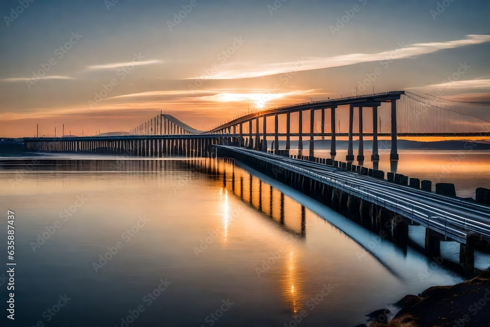 Long exposure of Infinite Bridge and Aarhus Bay at sunrise , Generative ai