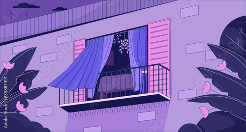 Curtains blowing in wind from opened window chill lo fi background. Balcony 2D vector cartoon exterior illustration, purple lofi wallpaper desktop. Sunset aesthetic 90s retro art, dreamy vibes
