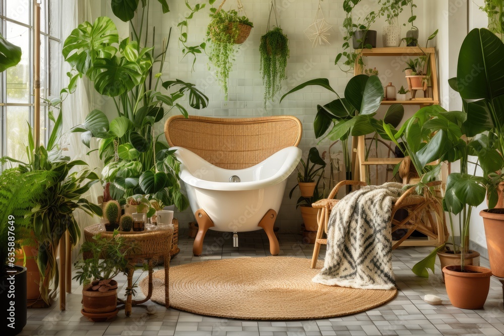 Boho chic style bathroom with bathtub, vintage commode, wicker armchair, carpet, and green houseplants.