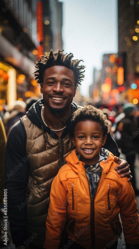 Cheerful black man with boy on street