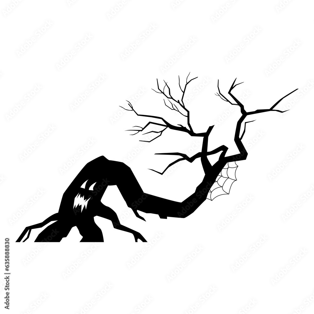 Halloween spooky tree with scary carved face black silhouette vector illustration isolated on white. Halloween spooky tree with scary carved face black silhouette vector illustration isolated on white.