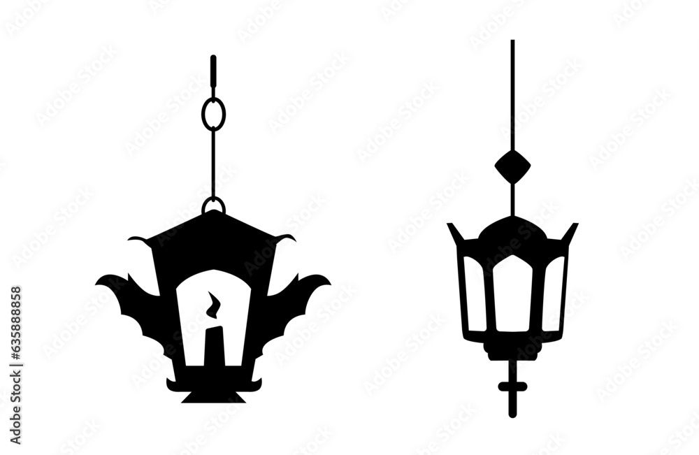 Halloween lantern black silhouette vector illustrations isolated on white. Hanging lamps with candle. Halloween lantern black silhouette vector illustrations isolated on white. Hanging lamps with candle.