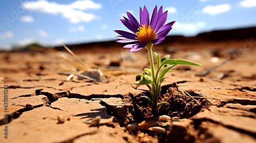 the little violet flower grows in the cracked soil, fighting from life, plant growing in desert drought concept © weerasak