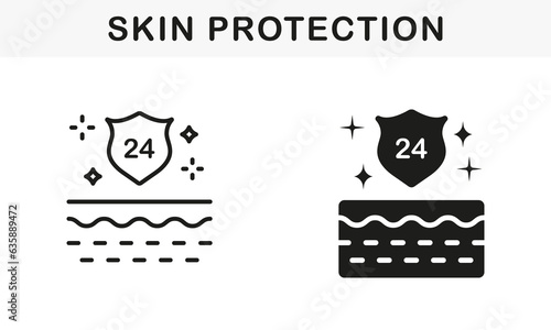 Skin Protect 24h Line and Silhouette Black Icon Set. Every 24 Hours Barrier Safety for Skin Pictogram. Skin Layer and Shield 24 Hours Protection Symbol Collection. Isolated Vector Illustration