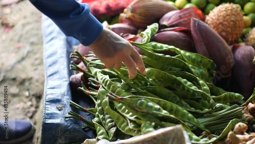 An Indonesian woman is choosing Petai (Parkia Speciosa) in a traditional wet market. Shop at local markets. Concept