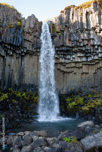Svartifoss is a thin, 20m-high waterfall tumbling down the center of a dramatic 3D wall of hexagonal basalt columns.