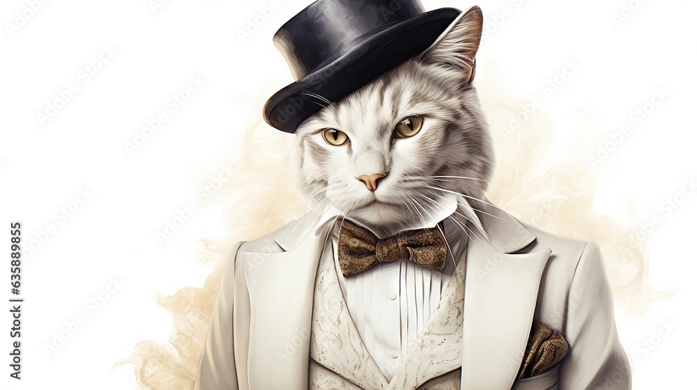  a white cat wearing a white suit and a black hat.  generative ai