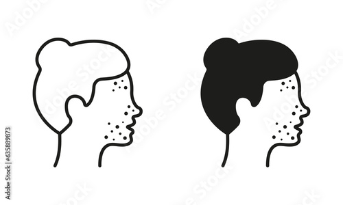 Woman with Blackhead, Acne, Rash Pictogram. Girl with Pimples on Face Line and Silhouette Icon Set. Dermatologic Problem, Allergy, Skin Inflammation Symbol Collection. Isolated Vector Illustration