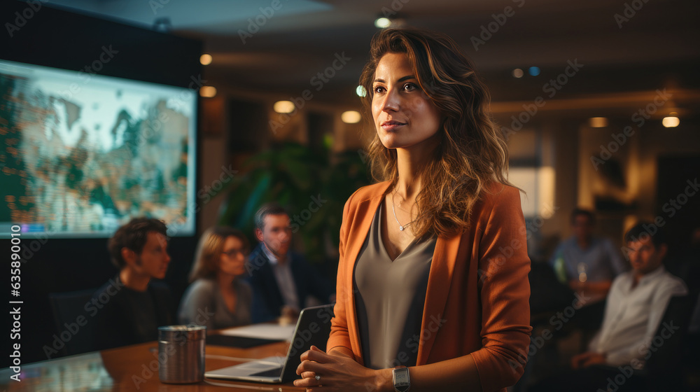 Young woman standing on background of colleagues at table in office
