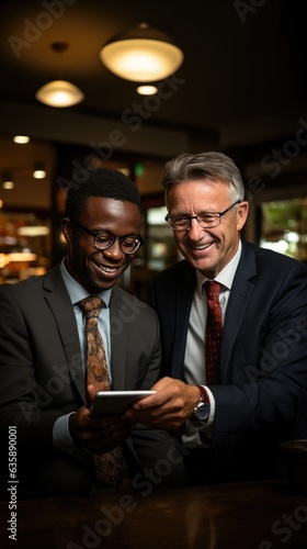 Smiling diverse businessmen with tablet indoors