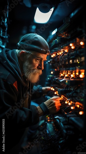 Bearded male engineer setting signal gadgets in electrical control room