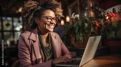 Cheerful ethnic woman working on laptop