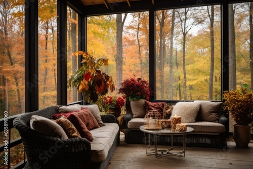 Screened porch with modern furniture  vase of flowers  autumn leaves and woods in the background  creating a cozy atmosphere.