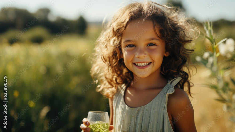 young girl holding glass of juice with flower field young girl holding glass of juice with flower field