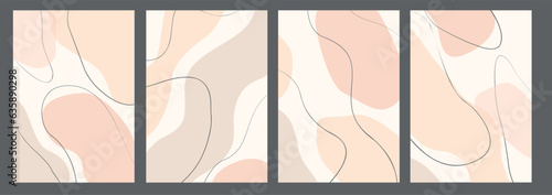 Vector set of irregular abstract blob shapes. Organic black thin lines. Round blot form graphic element. Doodle drops with outline circle. Fashion stylish printable template. Neutral pastel nude color