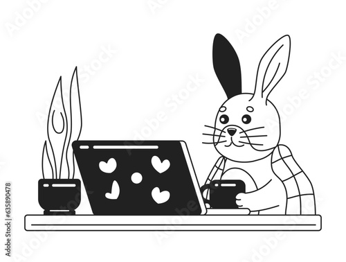 Blanket covered rabbit near laptop black and white cute chill lo fi wallpaper. Movie night linear 2D vector cartoon character illustration, monochrome lofi anime background. Bw 90s kawaii aesthetic