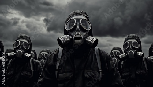 A group of soldiers in gas masks against stormy sky background
