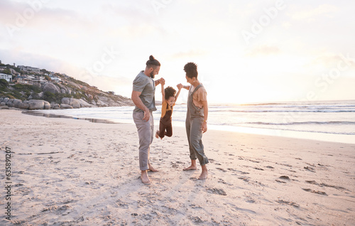Sunset, swing and holding hands with family at beach for bonding, summer vacation and travel. Smile, happy and relax with parents and child walking on seaside holiday for love, freedom and support