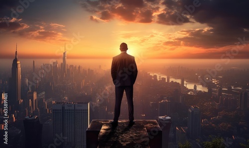 A businessman looks at the city and the sunrise from a height