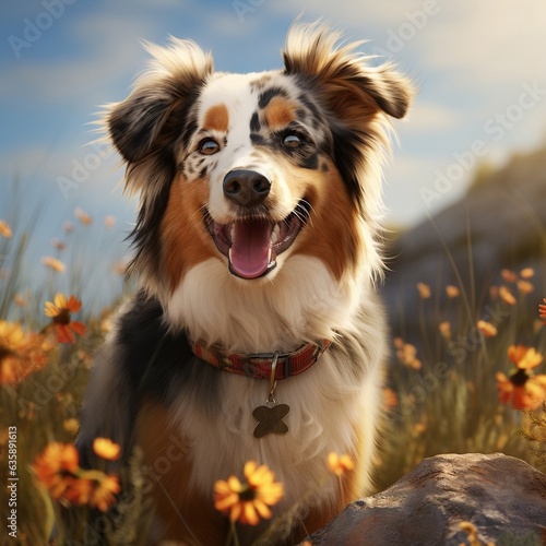 A photorealistic happy Australian Shepherd dog in natural setting © Tina