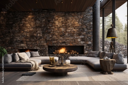 Contemporary interior design with a stone wall and cozy seating area.