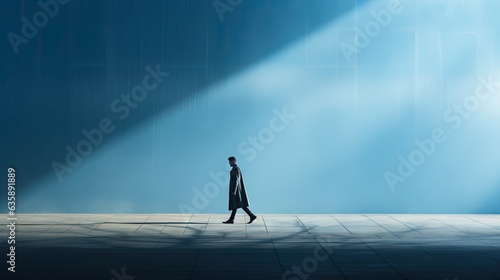  a man walking across a tiled floor under a light beam.  generative ai