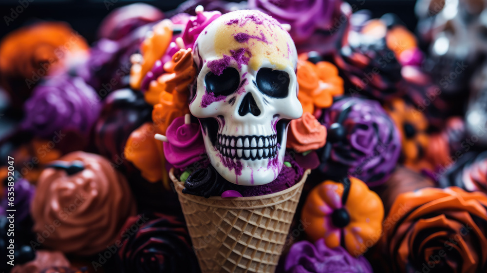 Halloween skull ice cream in cone Halloween skull ice cream in cone
