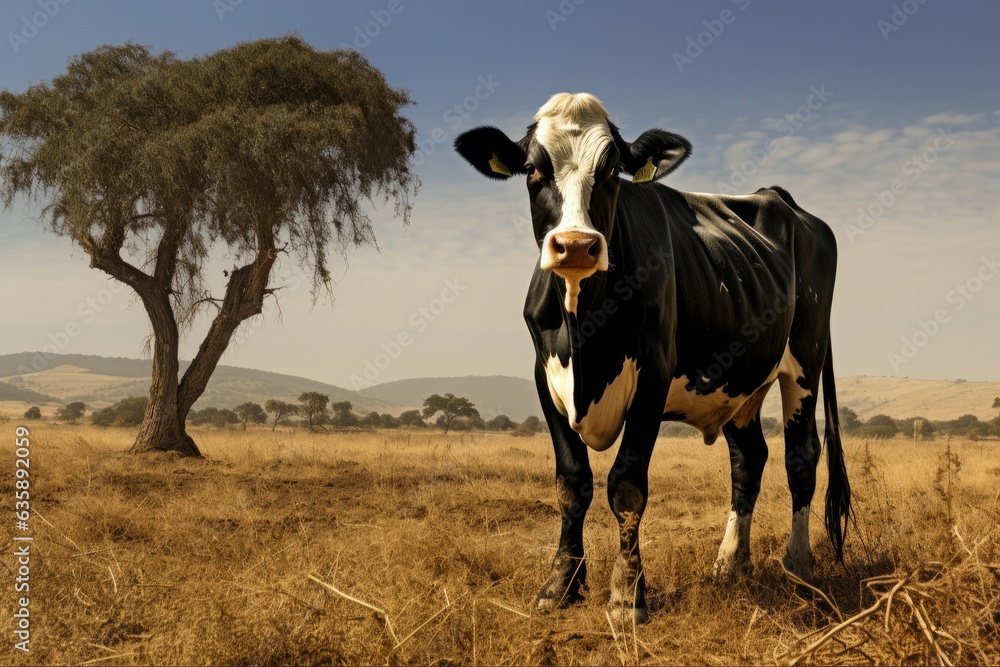 Black Brangus Cow Grazing on Grass in the Countryside. Herd of Cattle on Farm near Tree. Generative AI Black Brangus Cow Grazing on Grass in the Countryside. Herd of Cattle on Farm near Tree. Generative AI
