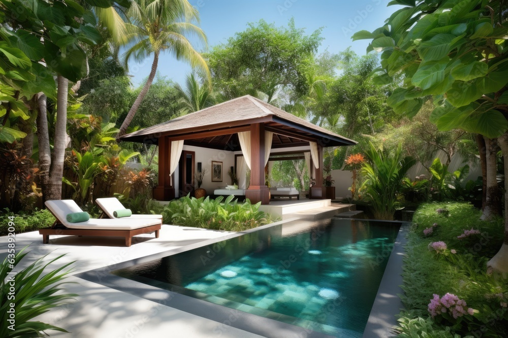 Exquisite tropical pool villa with lush garden, showcasing luxury home design.
