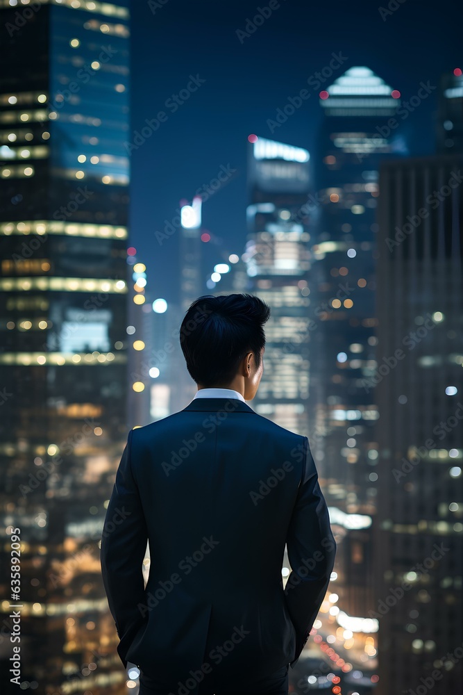 Businessman looking at the buildings at night. generative AI Businessman looking at the buildings at night. generative AI