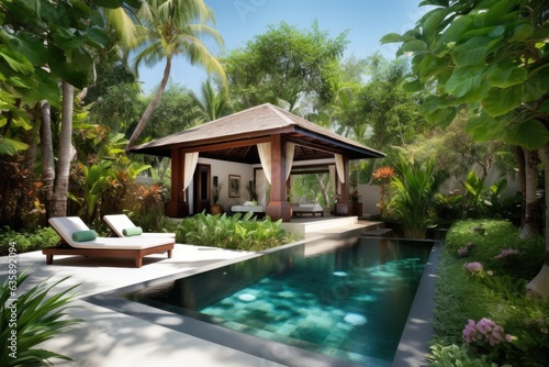 Exquisite tropical pool villa with lush garden, showcasing luxury home design. © 2rogan