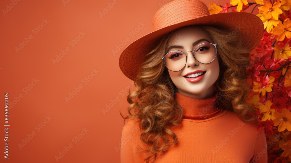 portrait of a woman wearing sunglasses orange sun hat orange turtleneck shirt isolated on orange background and orange flower portrait of a woman wearing sunglasses orange sun hat orange turtleneck shirt isolated on orange background and orange flower