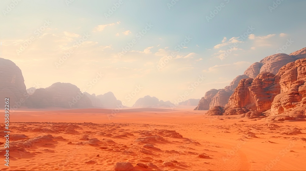 Red Mars on Earth-Like Desert Landscape. Filming Location for Science Fiction Movie with Dusty Terrain and Adventure in Jordan's Wadi Rum Desert: Generative AI