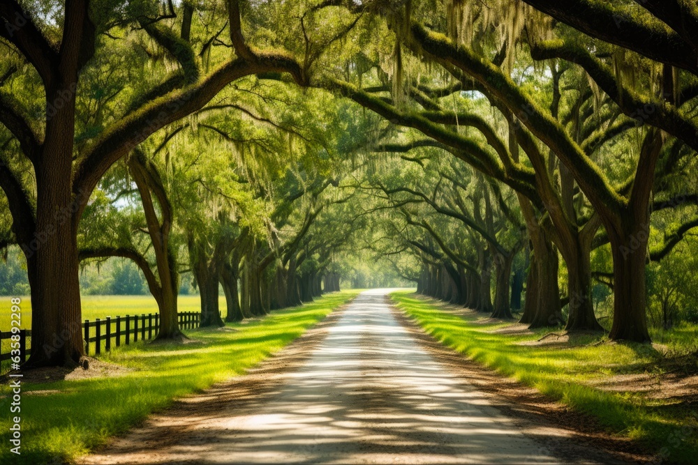 Scenic Oaks Drive in Savannah, Georgia - A Beautiful Country Road Lined with Majestic Oaks: Generative AI