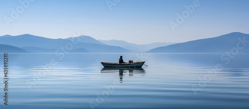 A man in a small fishing boat on calm blue water of a lake photo