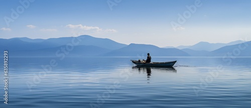Fotografia A man in a small fishing boat on calm blue water of a lake